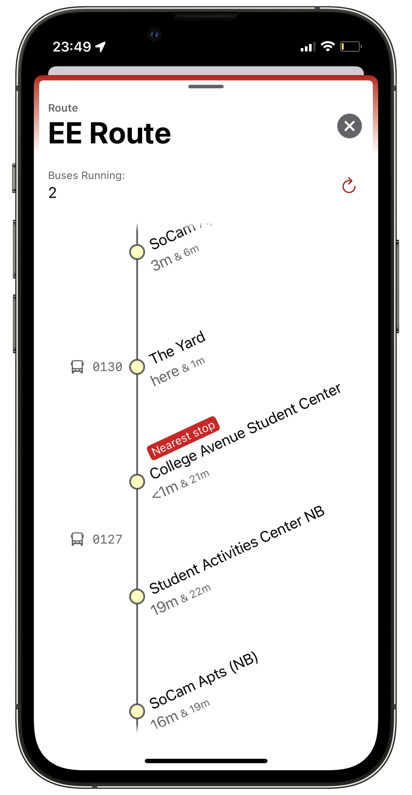 A popover showing the EE route, it's stops, and current buses in the RURadar App