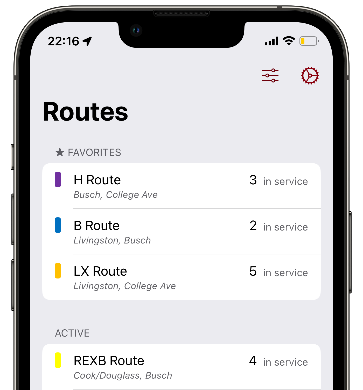 Screenshot of Routes Page in the RURadar App