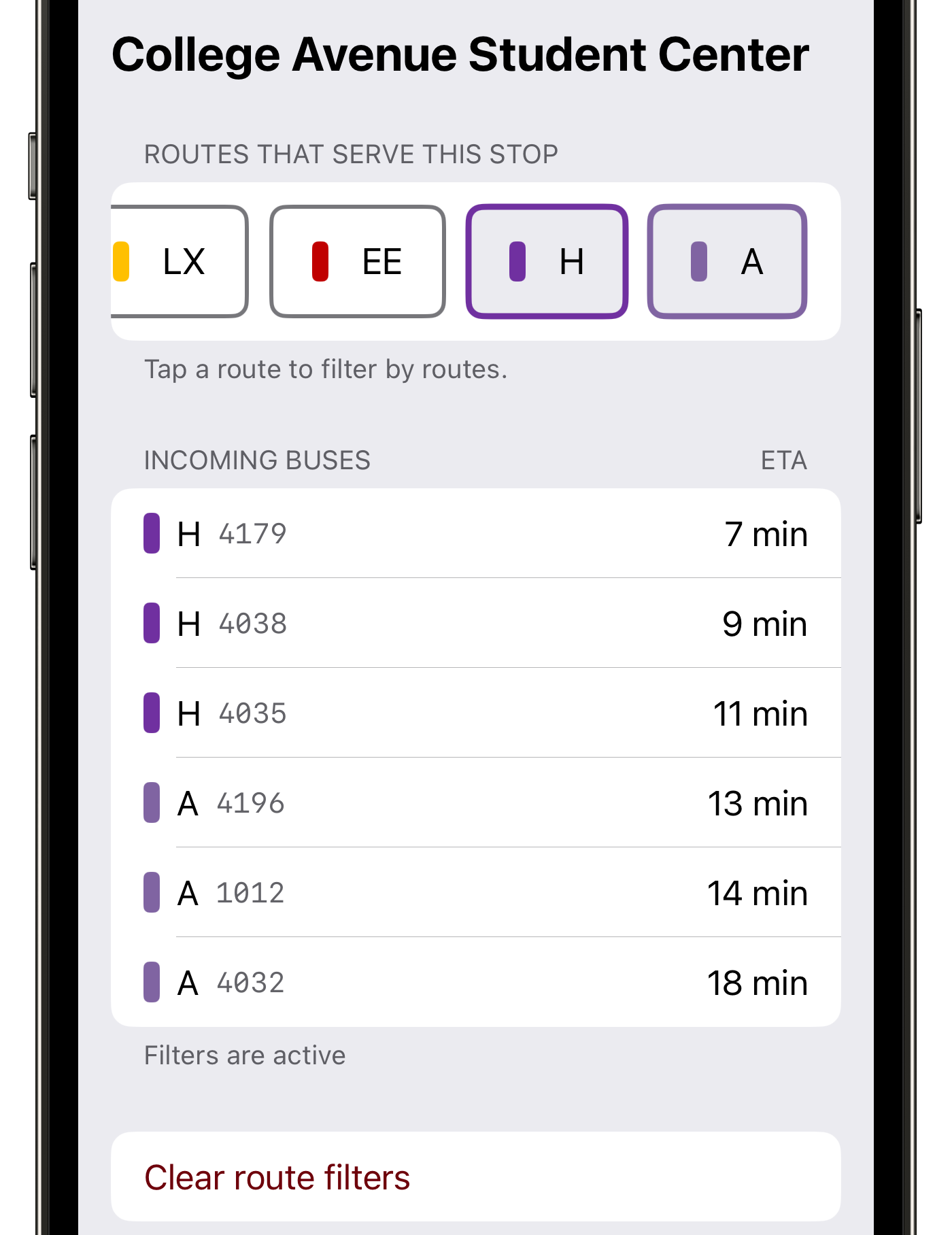 A page showing incoming buses being filtered by the A and H route in the RURadar App