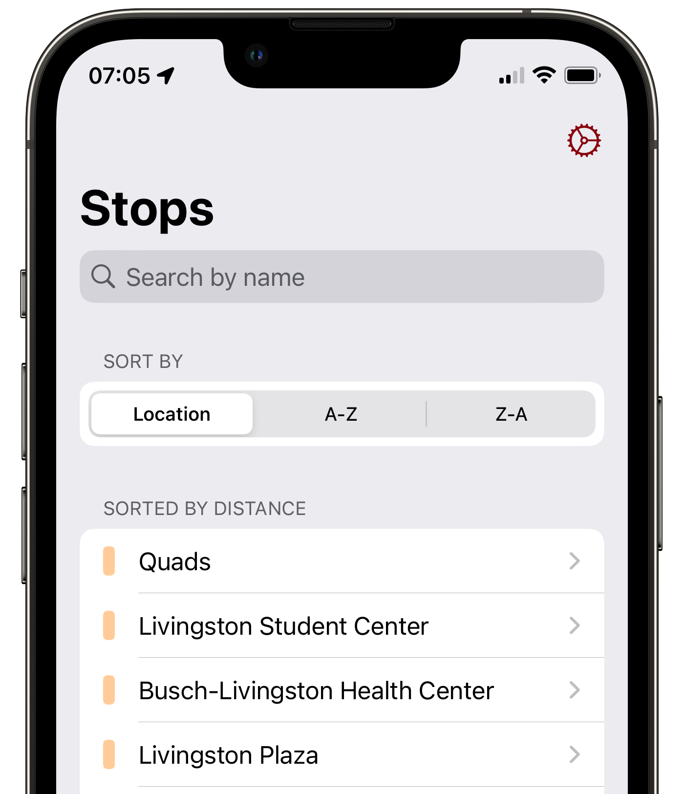A sceen showing the bus stops closest to a user in the RURadar App