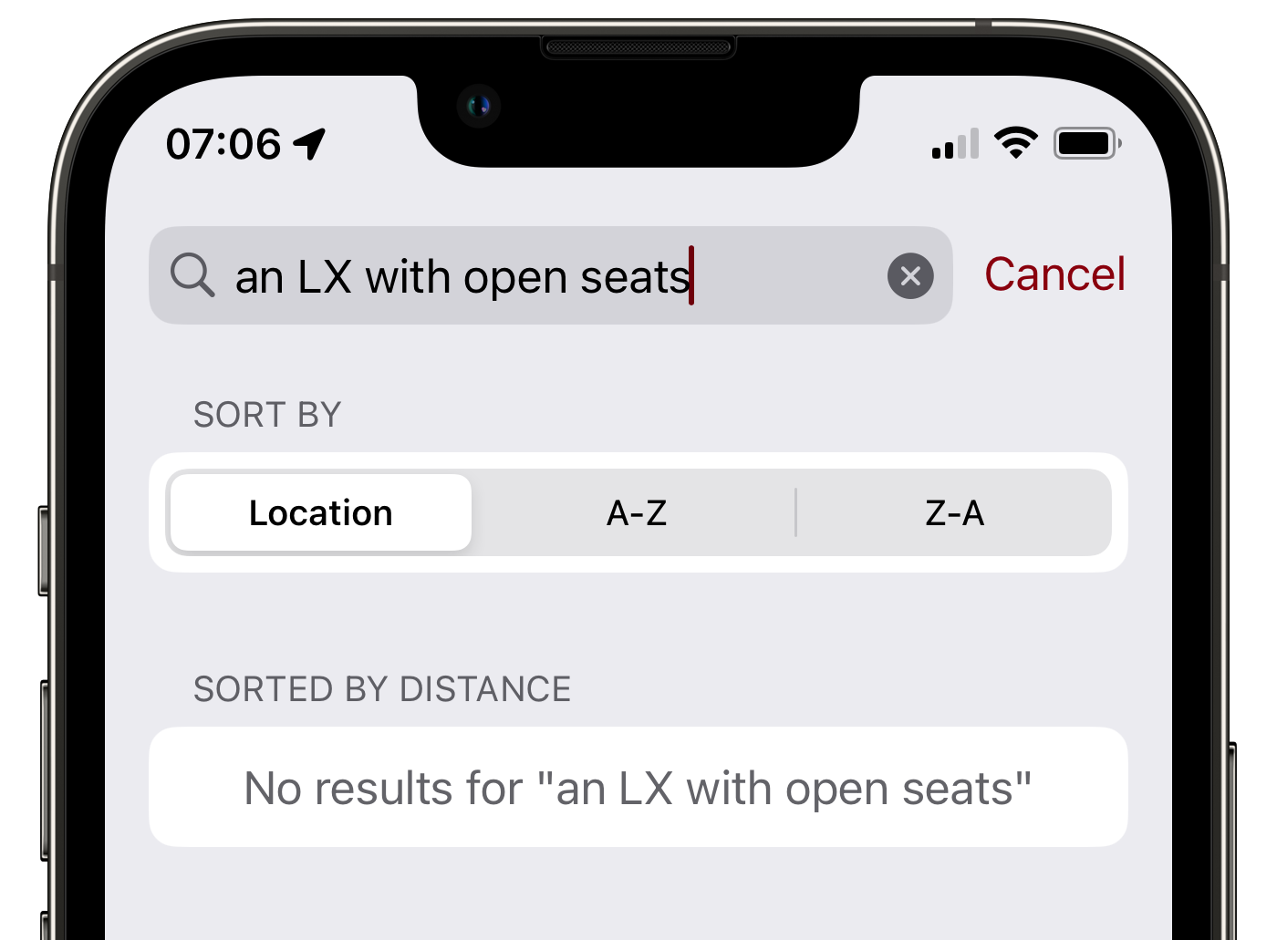 A screen showing a user searching 'an LX with open seats' in the stops page in the RURadar App